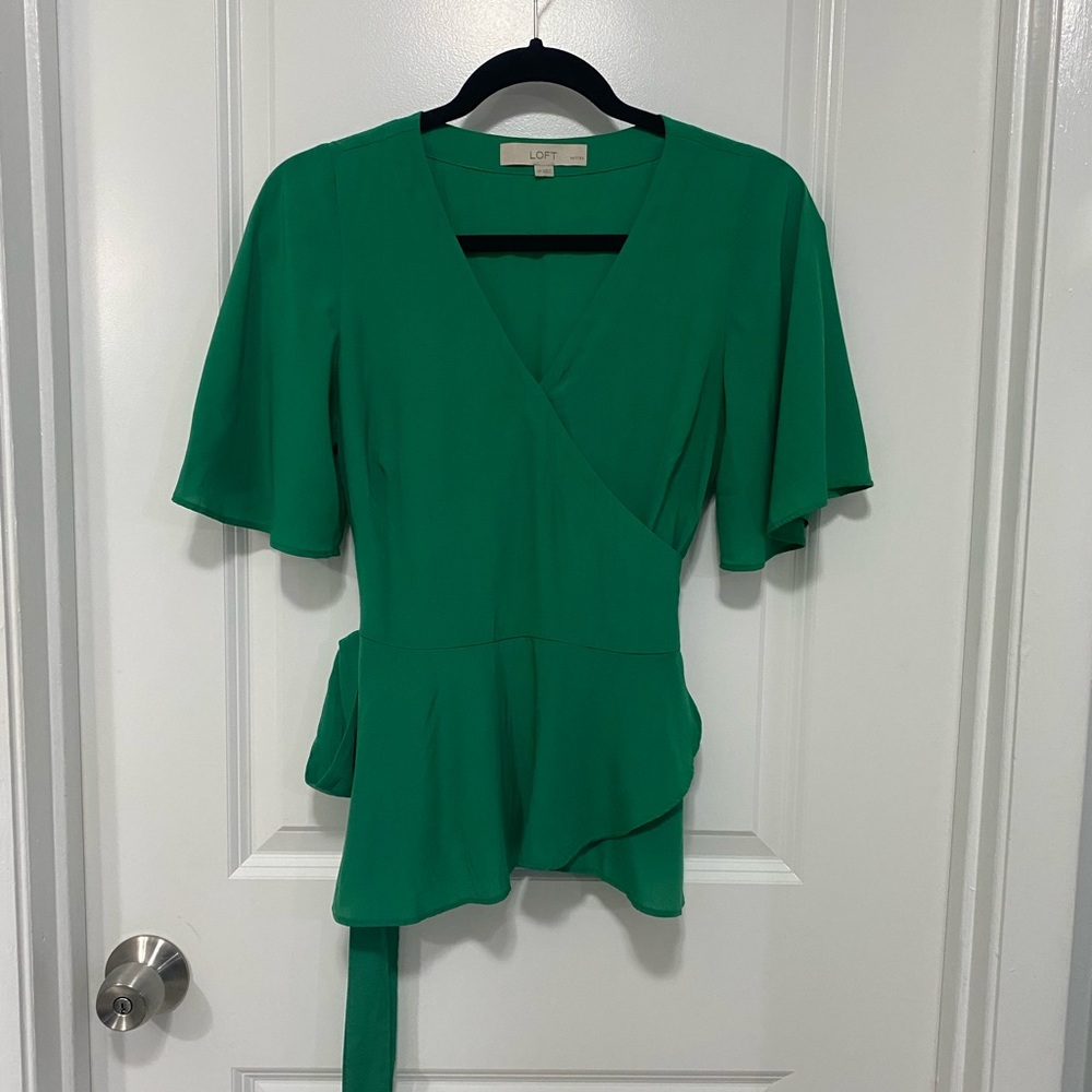 Kelly Green Tie Waist Blouse by LOFT with loose short sleeves